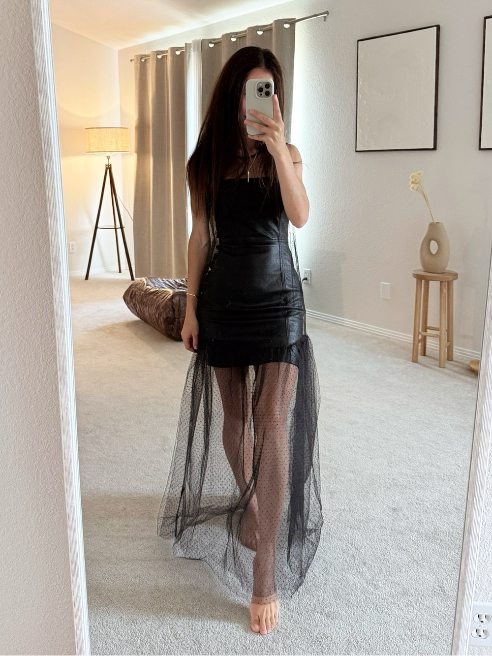 Black Sheer maxi dress over Leather Dress